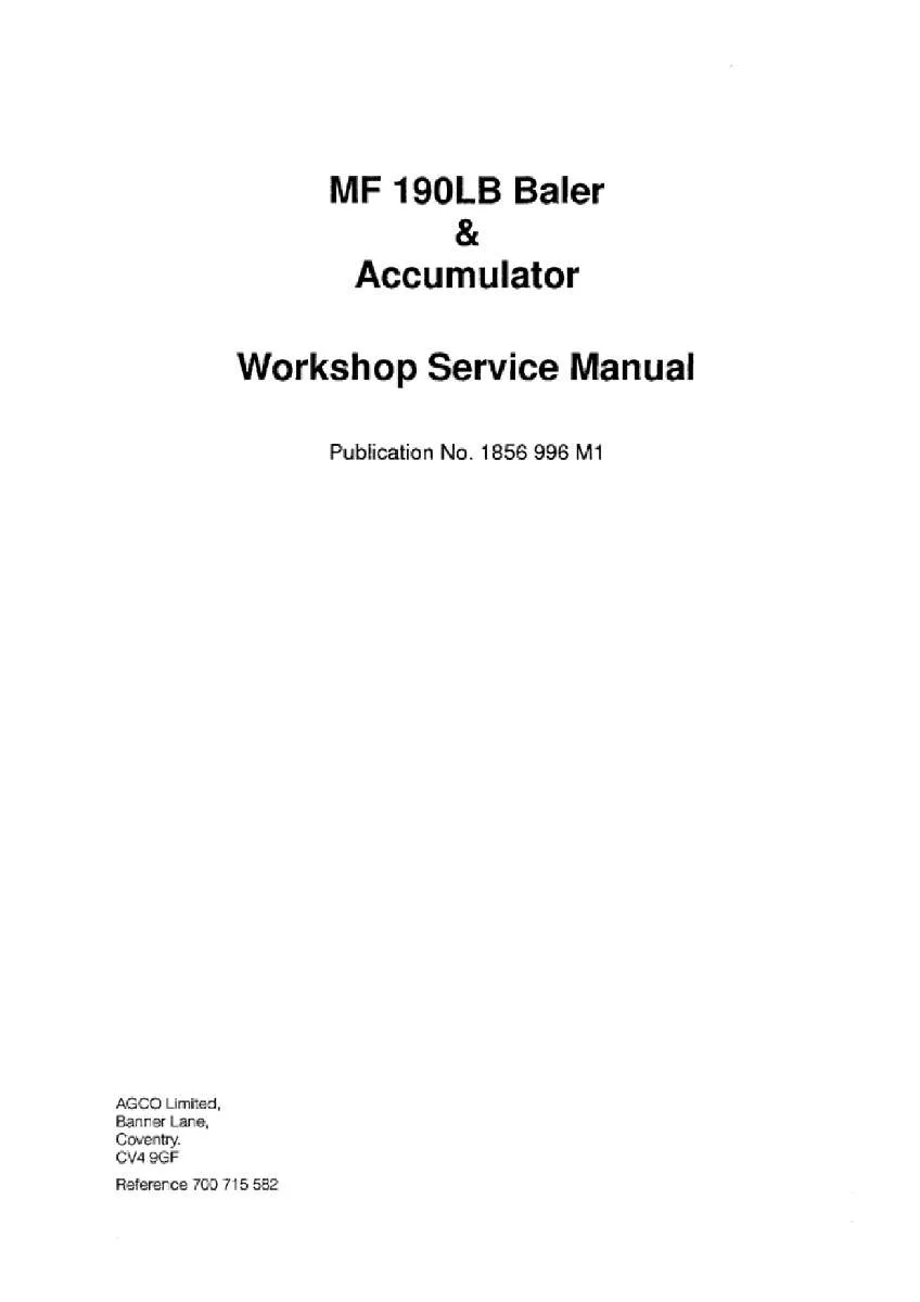 Massey ferguson Mf 190lb accumulator Square baler Service Manual PDF | Workshop Repair | Instant Download
