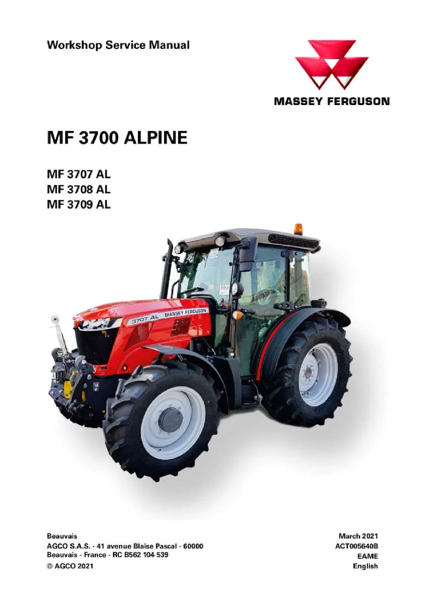 Massey ferguson 3707 3708 3709 Al alpine Tractor Service Manual PDF | Workshop Repair | Instant Download