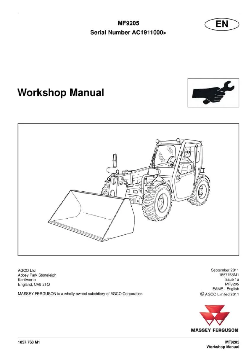 Massey ferguson Mf9205 Telescopic handler Service Manual PDF | Workshop Repair | Instant Download