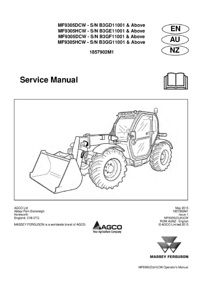 Massey ferguson Mf9305 dcw hcw Telescopic handler Service Manual PDF | Workshop Repair | Instant Download