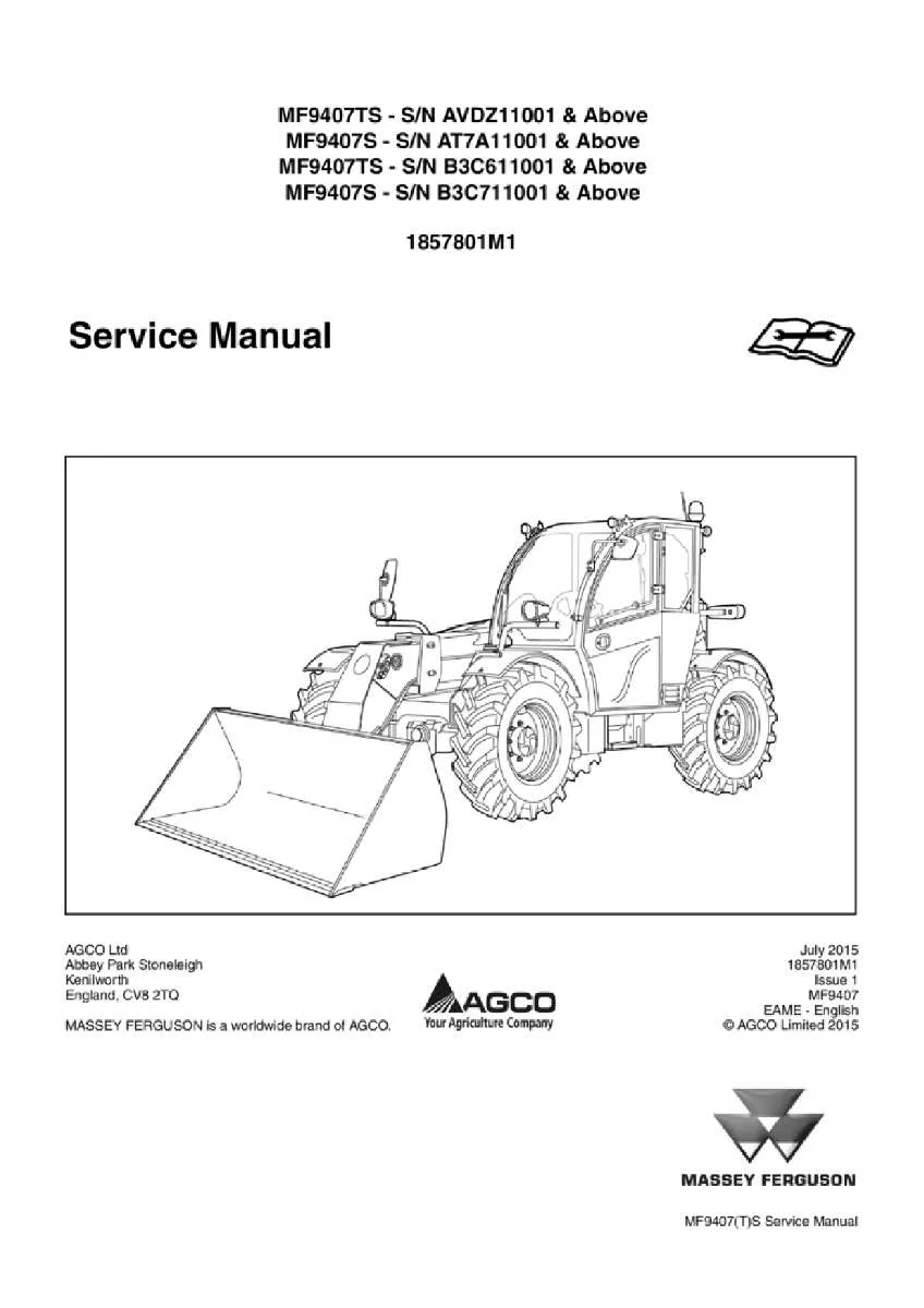 Massey ferguson Mf9407s mf9407ts Telescopic handler Service Manual PDF | Workshop Repair | Instant Download