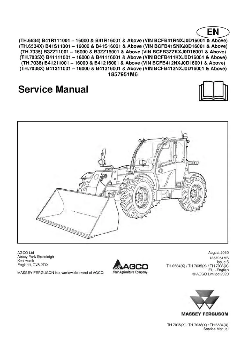 Massey ferguson Th 6534 7035 7038 stage 4 Telescopic handler Service Manual PDF | Workshop Repair | Instant Download