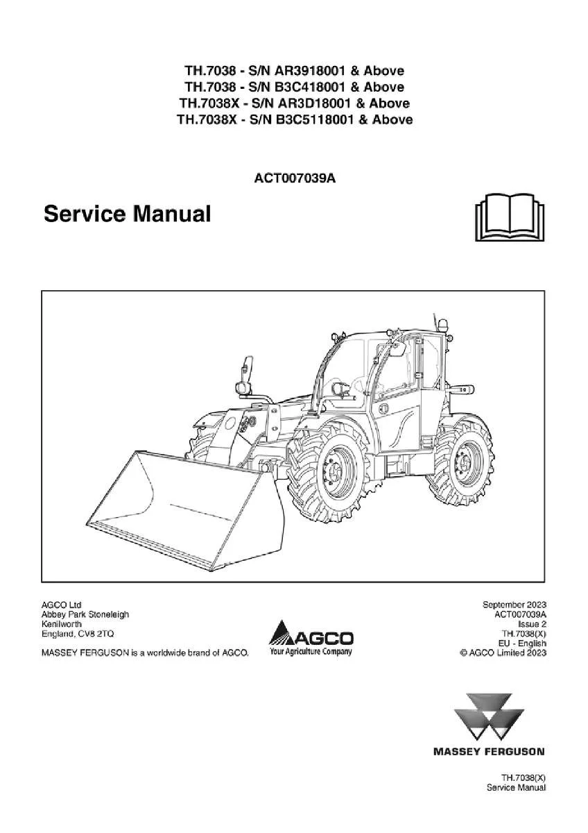 Massey ferguson Th 7038 7038x new cab stage 3a tier3 Telescopic handler Service Manual PDF | Workshop Repair | Instant Download