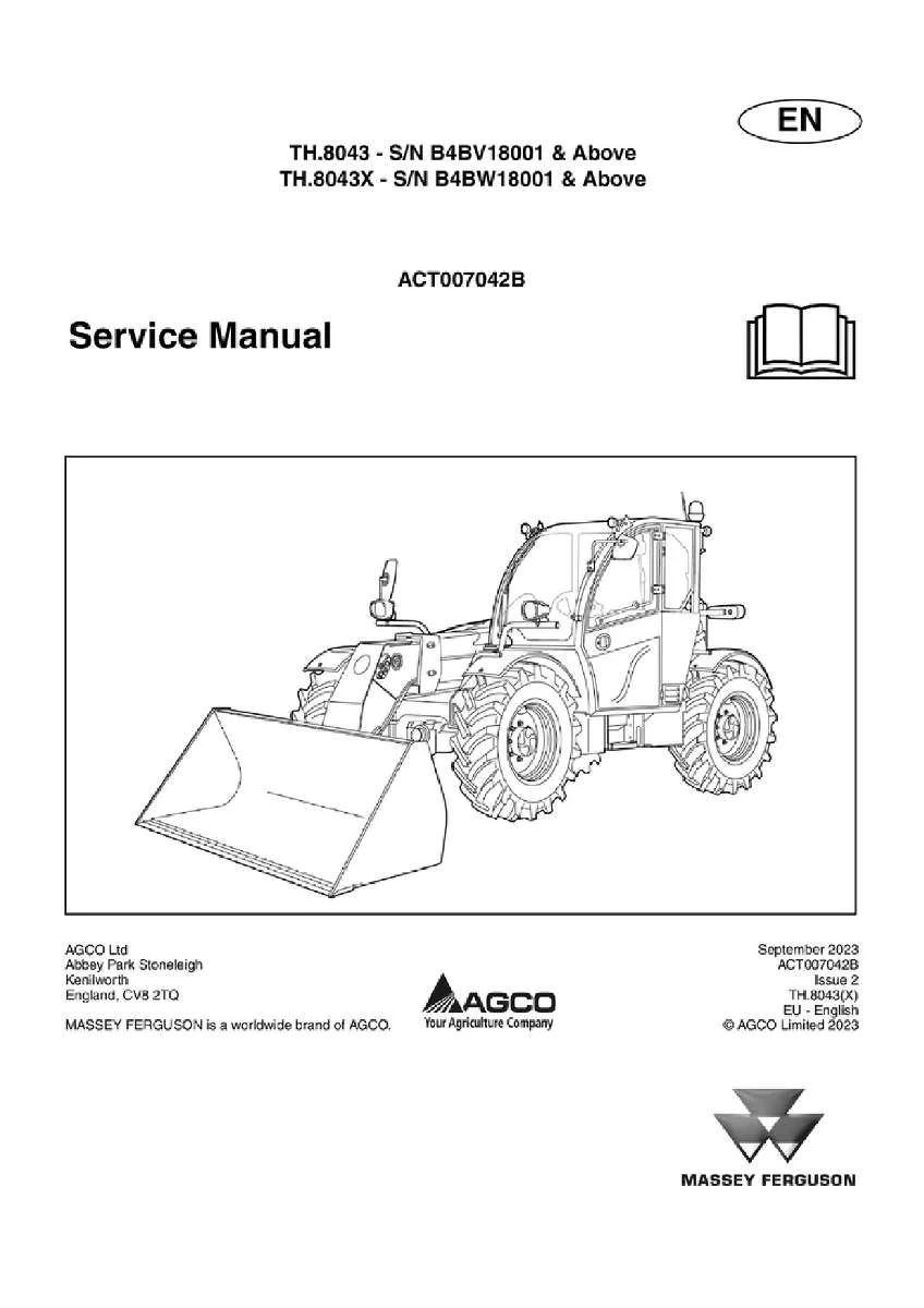 Massey ferguson Th 8043 8043x new cab stage 3a tier3 Telescopic handler Service Manual PDF | Workshop Repair | Instant Download