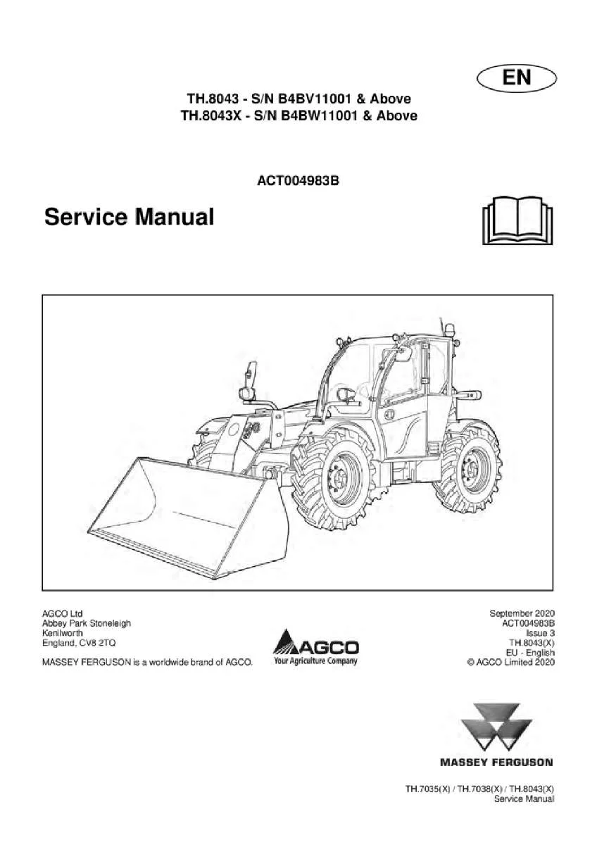 Massey ferguson Th 8043 8043x stage 3a tier3 Telescopic handler Service Manual PDF | Workshop Repair | Instant Download