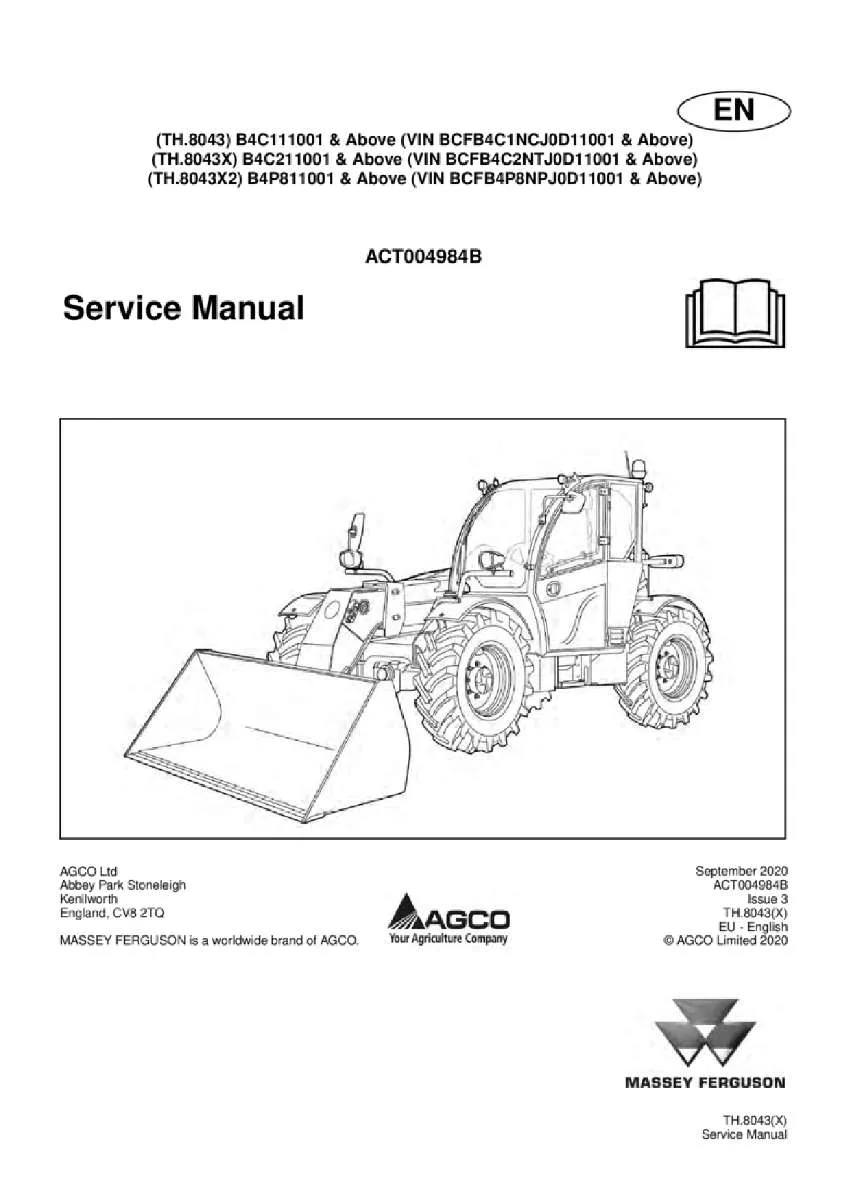 Massey ferguson Th 8043 8043x 8043x2 stage 4 tier4f Telescopic handler Service Manual PDF | Workshop Repair | Instant Download