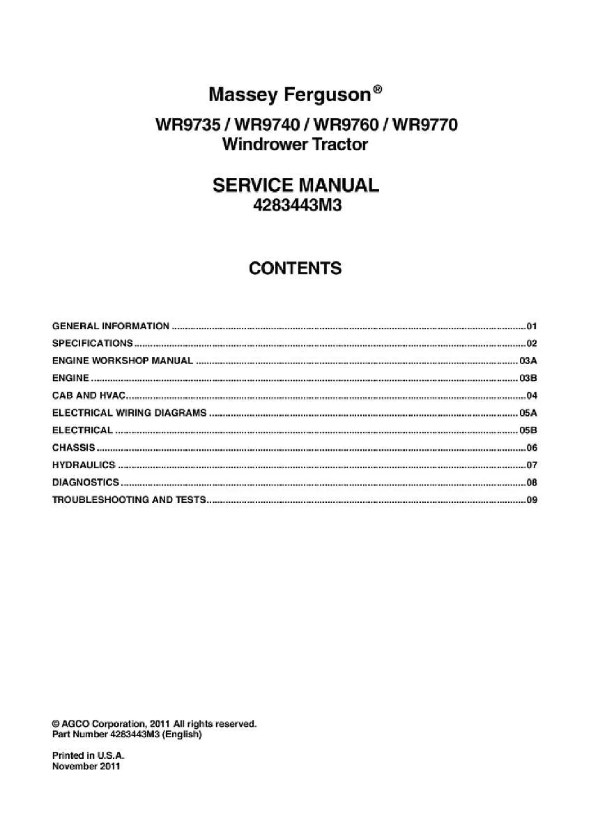 Massey ferguson Wr9735 wr9740 wr9760 wr9770 windrower Tractor Service Manual PDF | Workshop Repair | Instant Download