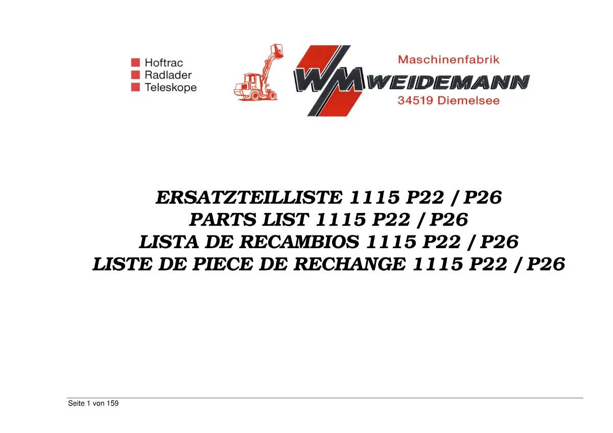 Weidemann HOFTRAC 1115 P22 / P26 Parts List | Instant PDF Download
