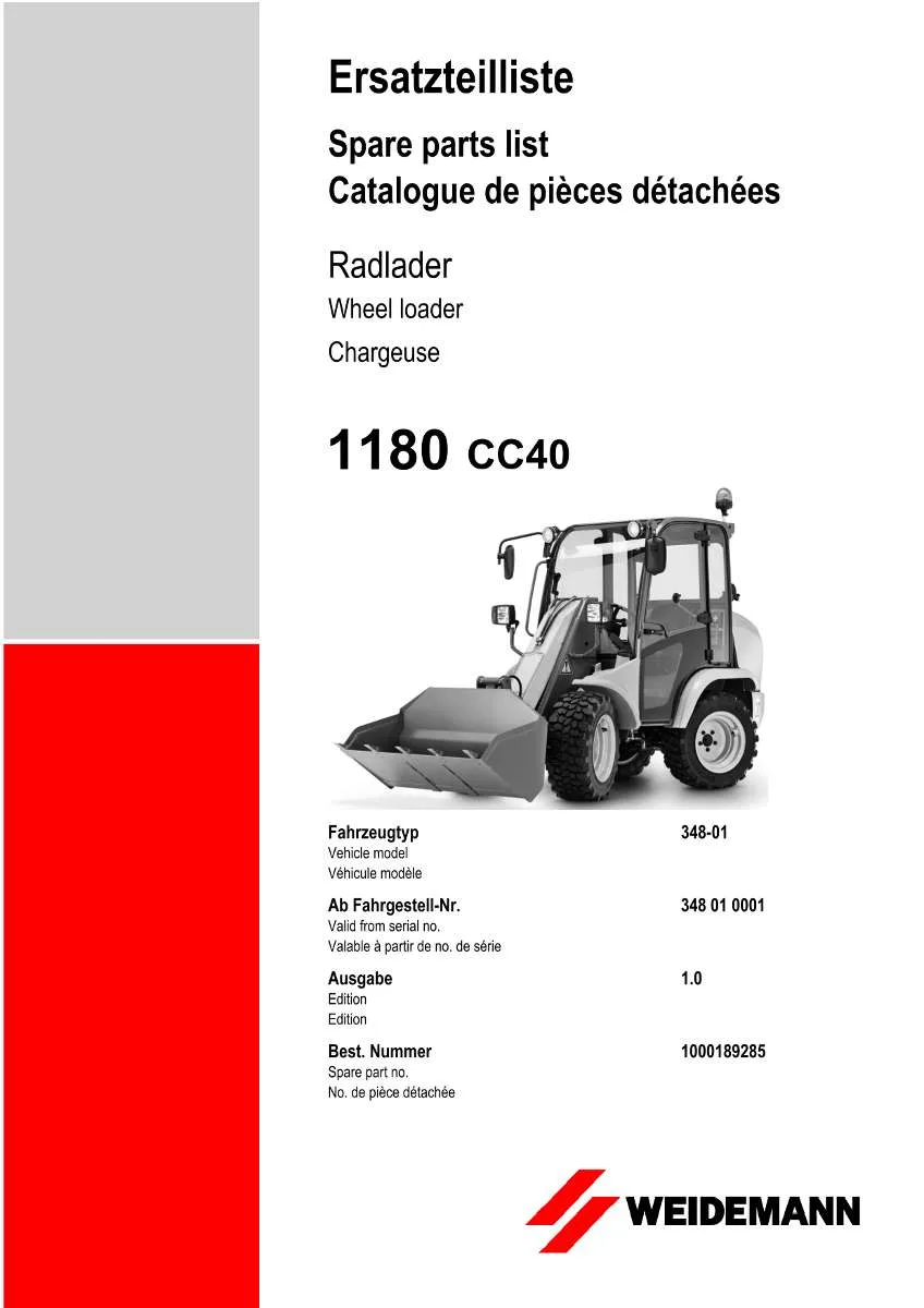 Weidemann Wheel Loader 1180 CC40 Parts List | Instant PDF Download
