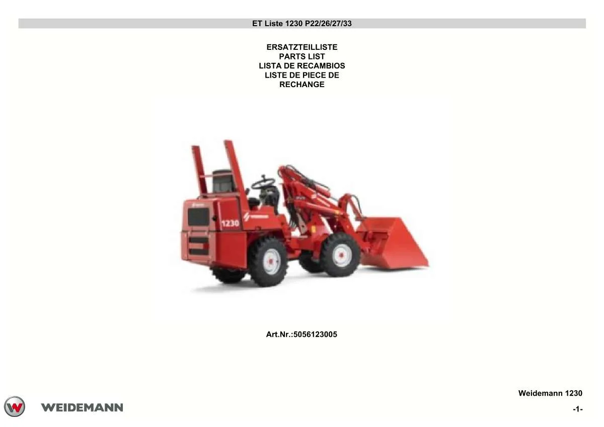 Weidemann Wheel Loader 1230 P22/26/27/33 Parts List | Instant PDF Download