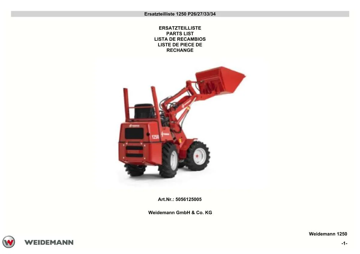 Weidemann Wheel Loader 1250 P26/27/33/34 Parts List | Instant PDF Download