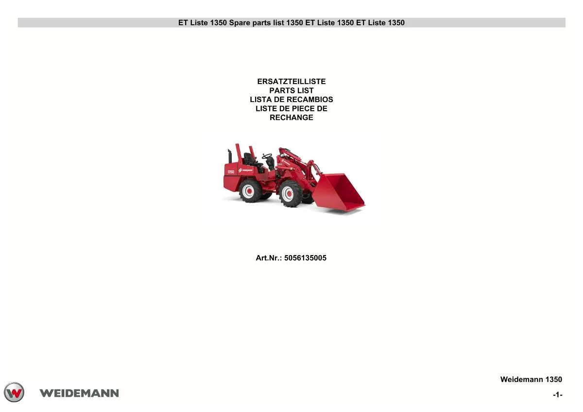 Weidemann Wheel Loader 1350 Parts List | Instant PDF Download