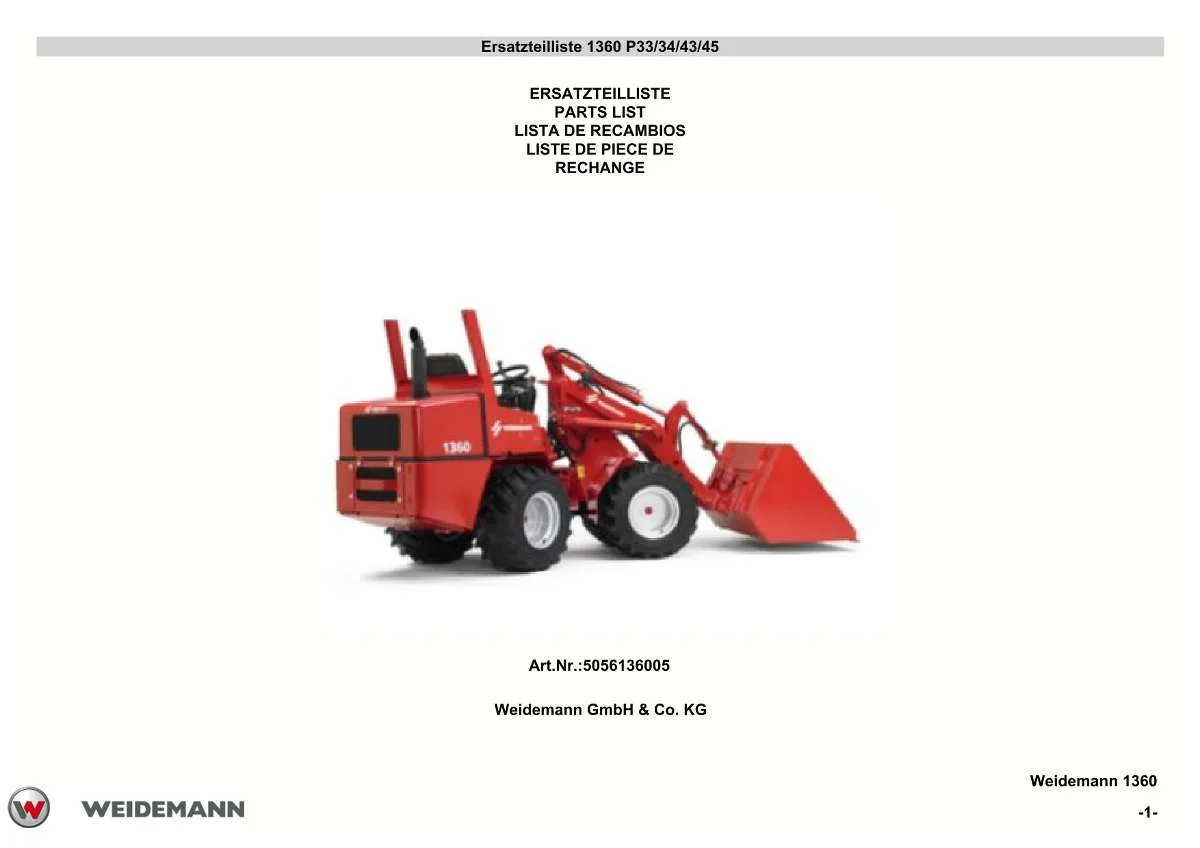 Weidemann Wheel Loader 1360 P33/34/43/45 Parts List | Instant PDF Download