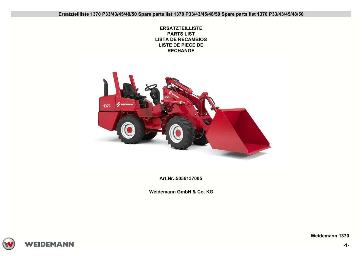 Weidemann Wheel Loader 1370 P33/43/45/48/50 Parts List | Instant PDF Download