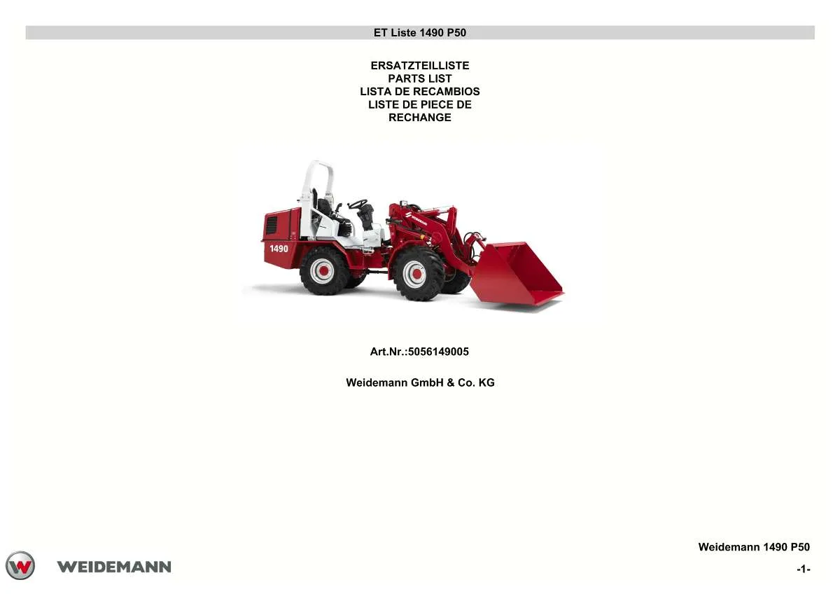 Weidemann Wheel Loader 1490 P50 Parts List | Instant PDF Download