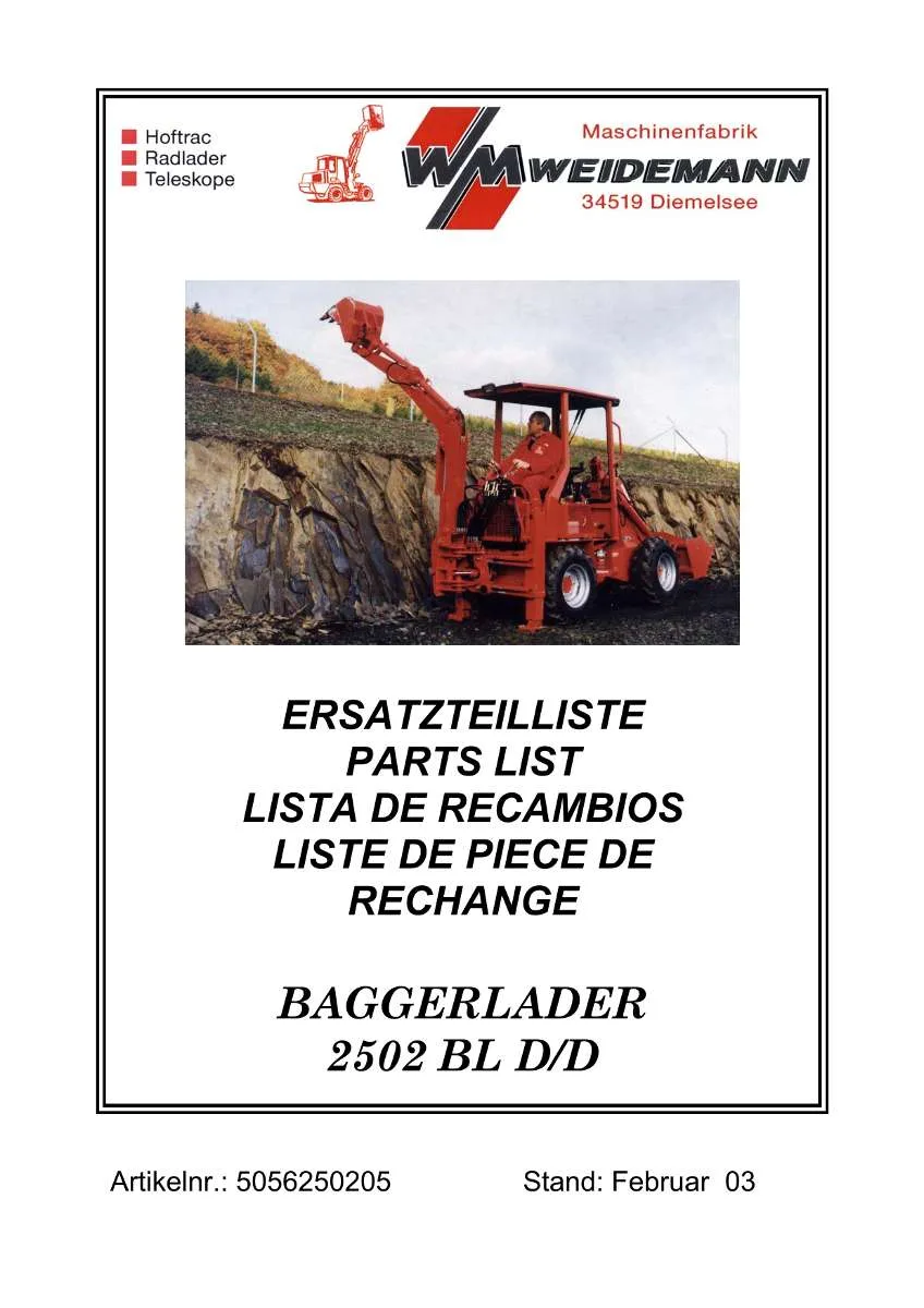 Weidemann Backhoe Loader 2502 BL D/D Parts List | Instant PDF Download