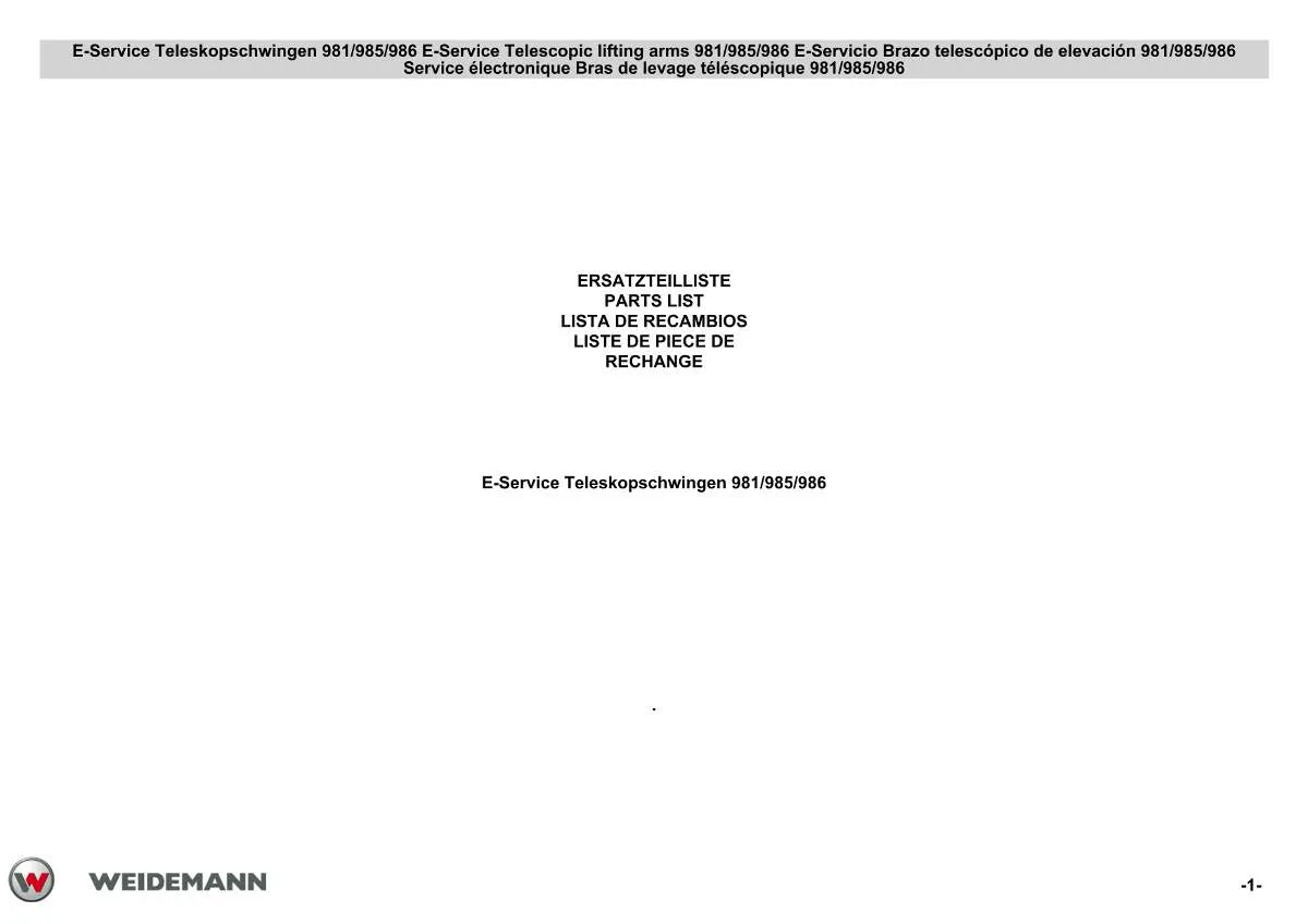 Weidemann Telescopic lifting arms 981, 985, 986 Parts List | Instant PDF Download