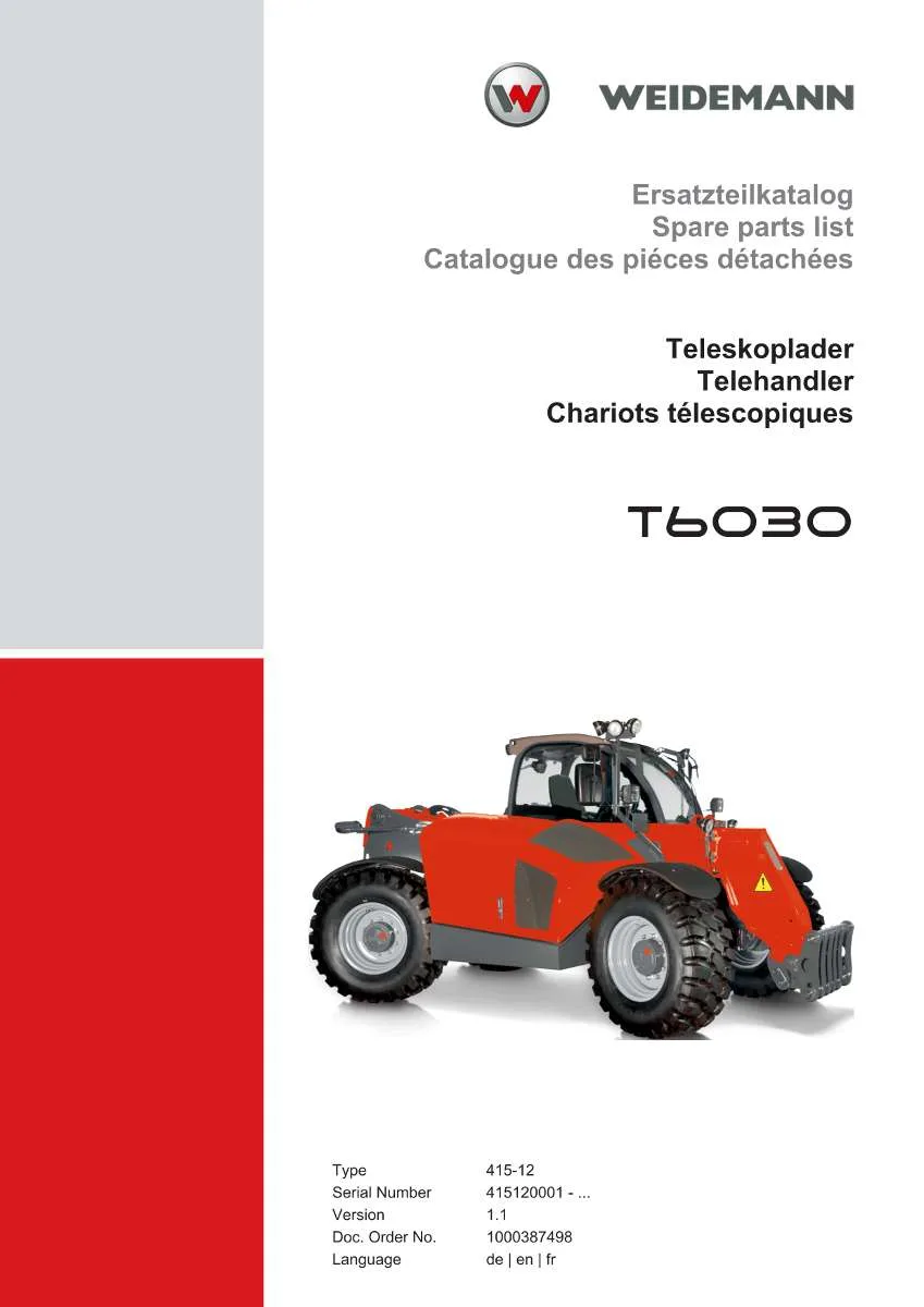 Weidemann Telehandler T6030 Parts List | Instant PDF Download